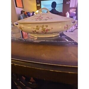 Vintage Pope Gosser Pink Floral Vegetable Dish Gold Trimmed